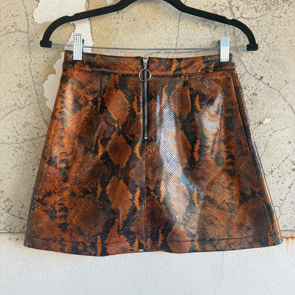 Guess Snake Print Mini Skirt Faux‎ Leather O Ring Zip Brown Black XS Rock & Roll